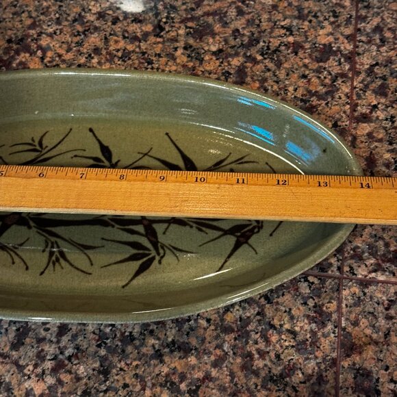 Mark Blumenfeld Pottery Green Brown Glazed Ceramic Oval Serving Platter Leaf Sig